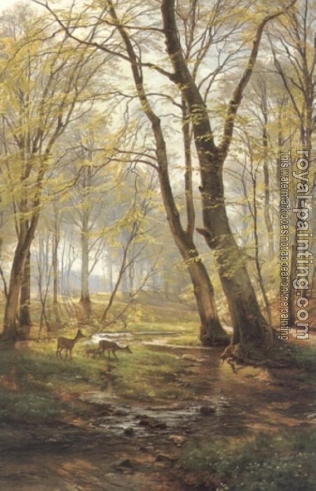 Carl Fredrik Aagard : A Woodland Scene With Deer